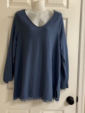 J. Jill Fringed Long Sleeved V Neck Knit Tunic Sweater